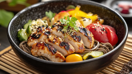 A delicious bowl of soba topped with grilled chicken, drizzled with teriyaki sauce, surrounded by colorful vegetables, showcasing a fusion of flavors in a Japanese dishの素材
