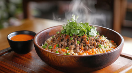 A dynamic image capturing the deliciousness of volcano beef rice, with steam rising from the bowl and a side of spicy dipping sauce, highlighting the meal's freshnessの素材