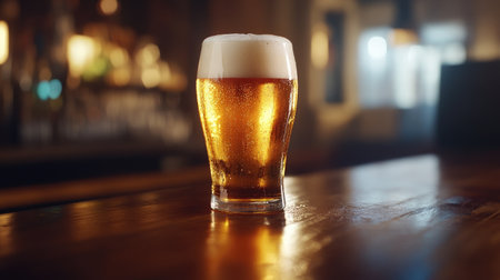 A frosty pint of golden beer with a thick, creamy foam head, elegantly placed on a wooden bar top, glistening under warm ambient light, inviting a refreshing sipの素材