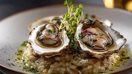 A gourmet dish featuring Japanese oysters on a bed of risotto, garnished with herbs and truffle oil, highlighting the fusion of flavors in a sophisticated mealの素材