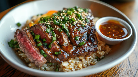 A high-angle view of a steak rice bowl garnished with chopped scallions, sesame seeds, and served with a side of dipping sauce, emphasizing the freshness and flavorの素材