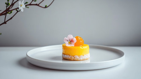 A minimalistic view of a single sweet egg dessert on a pristine white plate, emphasizing its smooth texture and vibrant color, paired with a delicate edible flowerの素材