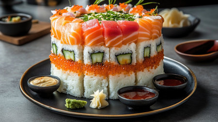 A mouthwatering image of a sushi sashimi cake with a variety of fish and vegetables, served on a plate with dipping sauces, inviting viewers to indulgeの素材