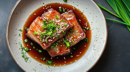 A plate of pork belly in sweet and savory glaze, garnished with sesame seeds and green onions, on a dark background for contrastの素材