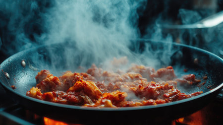 A mouthwatering shot of sizzling stir-fried kimchi in a hot pan, showcasing the vibrant colors and textures as the dish cooks, ready to be servedの素材