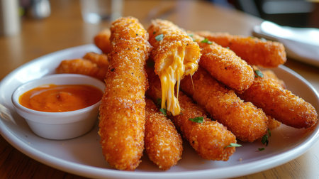 A plate of golden-brown cheese korokke, perfectly crispy on the outside, with melted cheese oozing out, served with a side of tangy dipping sauceの素材