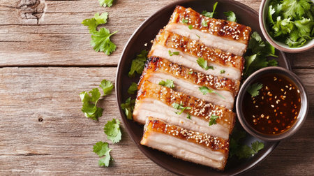 A plate of crispy pork belly slices with sesame seeds and fresh herbs, on a rustic wooden background with a side of dipping sauceの素材