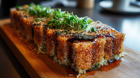 A mouthwatering shot of a crunchy tonkatsu sandwich, layered with shredded cabbage and tonkatsu sauce, presented on a wooden cutting board for a casual dining experienceの素材