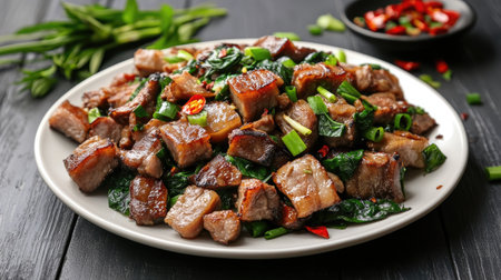 A plate of stir-fried pork belly with basil and chili, garnished with green onions and served on a white plate with a rustic backgroundの素材