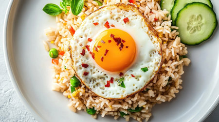 A minimalist presentation of basil fried rice on a white plate, elegantly topped with a fried egg and a side of cucumber slices, showcasing simplicity and flavorの素材