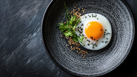 A minimalist scene featuring a single marinated egg on a textured plate, garnished with fresh herbs and sesame, emphasizing the elegance of Japanese cuisineの素材