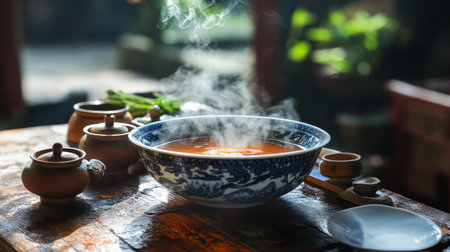 An elegant presentation of hot and sour shrimp soup in a traditional bowl, with fresh ingredients artfully arranged around it, creating a warm atmosphere.の素材
