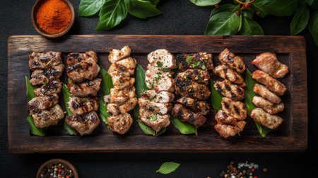 An overhead shot of neatly arranged fresh meat cuts on a wooden board, with a variety of spices and herbs scattered around for a rustic culinary aesthetic.の素材