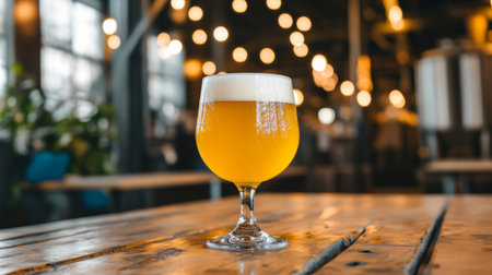 A beautifully crafted beer in a tall, slender glass with bubbles rising to the surface, placed on a rustic wooden table with soft, natural lighting.の素材