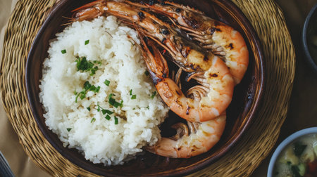 An overhead shot of grilled prawns served with steamed rice, placed on a woven bamboo tray for an authentic and traditional presentation.の素材