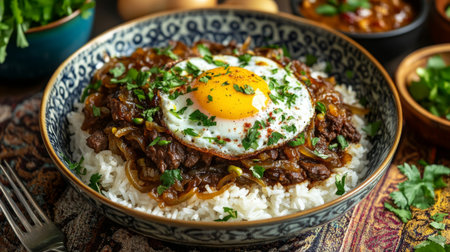 An inviting display of a beef rice dish topped with caramelized onions and a fried egg, garnished with fresh herbs, creating a hearty and delicious meal.の素材