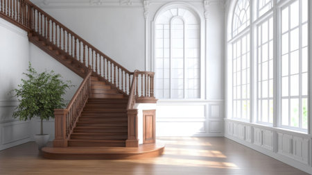 An elegant staircase in a minimalist home, showcasing wooden steps and a simple railing, leading to a bright upper level with large windows and natural light.の素材