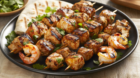 A beautifully presented plate of grilled kebabs with a variety of meats, including chicken, beef, and shrimp, garnished with herbs and served with pita bread.の素材