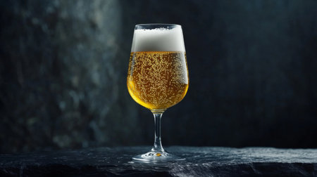 A beautifully poured beer in a clear, elegant glass goblet, with bubbles rising through the golden liquid, set on a dark slate surface.の素材