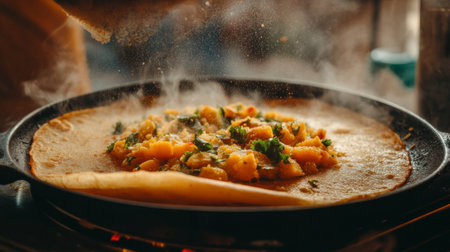 A close-up of a dosa being filled with a savory potato mixture, with steam rising and a sprinkle of fresh cilantro, capturing the freshness and aroma of the dish.の素材