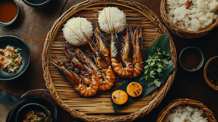 An overhead shot of grilled prawns served with steamed rice, placed on a woven bamboo tray for an authentic and traditional presentation.の素材