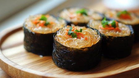 A close-up of a crispy seaweed roll stuffed with translucent glass noodles, showcasing the intricate texture and vibrant colors, served on a wooden platter for an appealing look.の素材