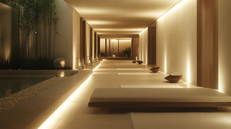 An inviting hallway in a minimalist home, featuring simple decor, natural wood accents, and soft lighting that creates a warm and welcoming atmosphere.の素材