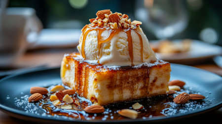A close-up of a decadent honey toast slice topped with creamy vanilla ice cream, drizzled with warm honey and sprinkled with toasted almonds for an indulgent treat.の素材