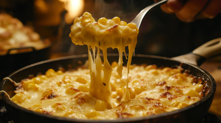 A close-up of a forkful of hot cheese corn being lifted from the skillet, showcasing the rich, gooey cheese and vibrant corn for an enticing visual.の素材