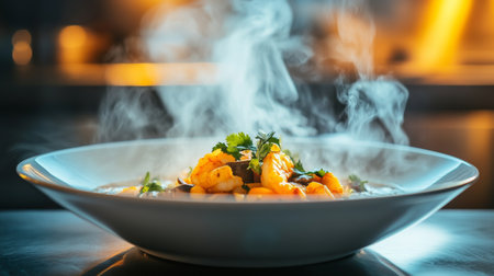 A close-up of a rich, fragrant bowl of tom yum goong, featuring plump shrimp, mushrooms, and fresh cilantro, with steam rising to enhance the appetizing look.の素材