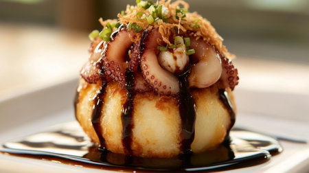 A close-up of a single takoyaki ball, highlighting the octopus pieces peeking through the crispy batter, garnished with sauce and bonito flakes for an appetizing look.の素材
