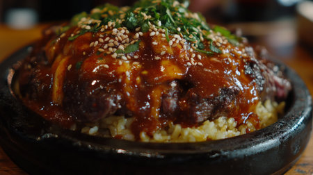 A close-up of a bowl of beef rice topped with a spicy sauce and garnished with chopped cilantro and sesame seeds, creating a mouthwatering visual appeal.の素材