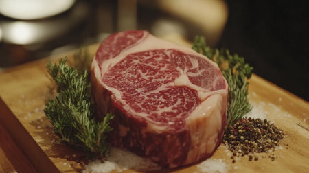A close-up of a raw ribeye steak with intricate marbling, placed on a wooden surface with herbs and spices arranged around for a gourmet appeal.の素材