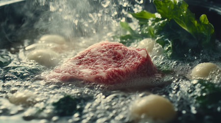 A close-up of a slice of marbled beef cooking in a sukiyaki pot, emphasizing the tenderness and flavor as it simmers in the rich broth with vegetables.の素材