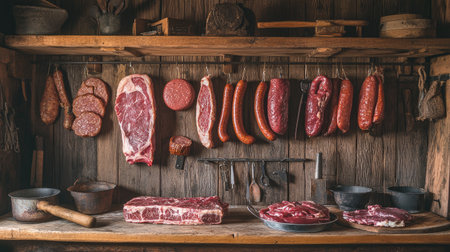 A rustic butcher shop scene featuring various cuts of meat hanging, including sausages and hams, set against a backdrop of wooden shelves and traditional toolsの素材