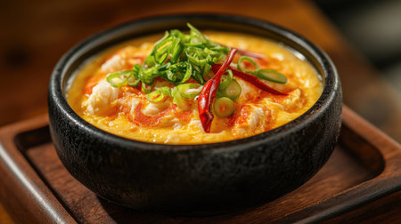 A side view of a dish of steamed egg custard, highlighting its velvety texture and garnished with slices of crab meat and green onions for an appetizing lookの素材