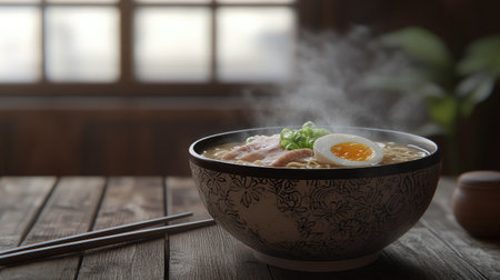A steaming bowl of ramen topped with sliced pork, green onions, and a perfectly boiled egg, presented on a rustic wooden table with chopsticks nearbyの素材