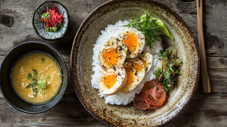 A rustic presentation of soy sauce marinated eggs served with warm, fluffy rice and a side of miso soup, capturing a comforting and satisfying Japanese mealの素材
