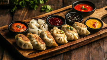A rustic wooden board filled with assorted momos, some pan-fried and others steamed, accompanied by vibrant dipping sauces, creating a tempting and inviting displayの素材