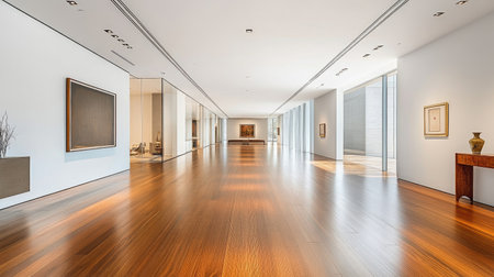 A spacious minimalist hallway adorned with minimalistic artwork, clean lines, and natural light streaming in, leading to other areas of the home effortlesslyの素材