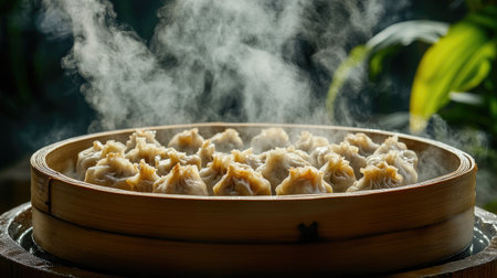 A steaming bamboo steamer filled with an assortment of siu mai and bao, capturing the delicate steam rising and the fresh ingredients used in the preparationの素材