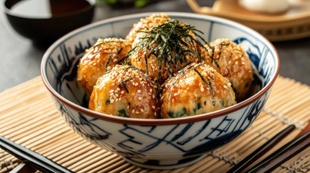 A serving of takoyaki in a traditional Japanese bowl, garnished with bonito flakes and seaweed, placed on a tatami mat for an authentic Japanese dining experienceの素材