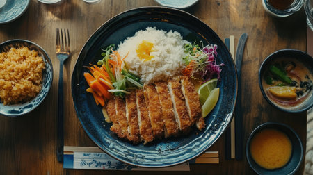 A rustic table setting with a generous serving of curry rice, crispy tonkatsu, and a side of pickled vegetables, inviting a comforting and satisfying meal experienceの素材