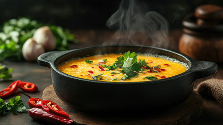 A steaming bowl of egg custard, surrounded by fresh herbs and sliced chili, showcasing the comforting essence of this traditional dish in a warm kitchen settingの素材