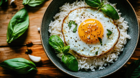 A serene setting featuring a bowl of basil fried rice topped with a fried egg, with a drizzle of soy sauce and fresh basil on a wooden table, creating a cozy atmosphereの素材