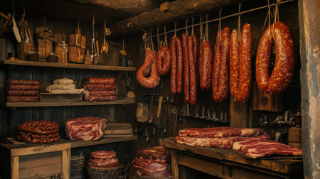 A rustic butcher shop scene featuring various cuts of meat hanging, including sausages and hams, set against a backdrop of wooden shelves and traditional toolsの素材