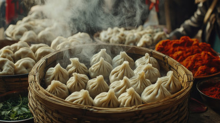A steaming basket of momos, freshly made and ready to serve, with a backdrop of vibrant herbs and spices, capturing the essence of traditional cookingの素材