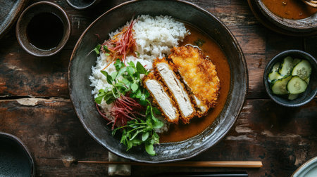 A rustic table setting with a generous serving of curry rice, crispy tonkatsu, and a side of pickled vegetables, inviting a comforting and satisfying meal experienceの素材