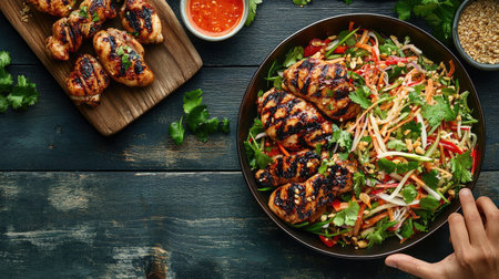 A rustic wooden table featuring a platter of spicy som tam with vibrant colors, alongside perfectly grilled chicken pieces, capturing the essence of Thai cuisineの素材