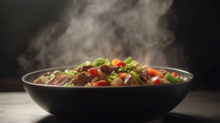 A serene image of a steaming bowl of sukiyaki with beef, vegetables, and tofu, garnished with sliced green onions, showcasing the comfort of Japanese cuisineの素材